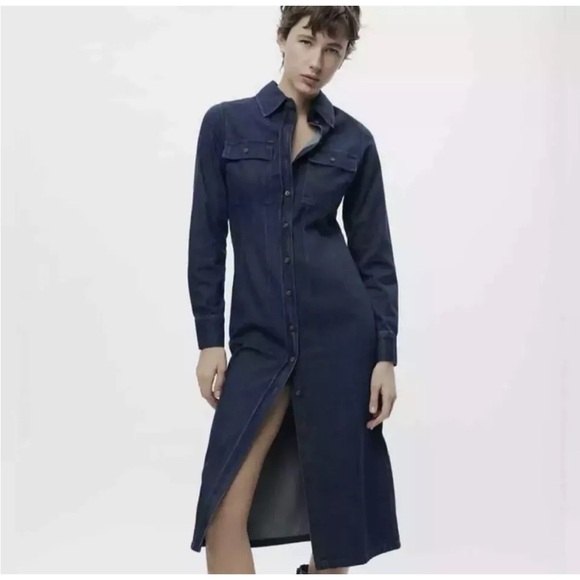 Zara Denim Button Up Shirtdress Blue - Picture 1 of 8
